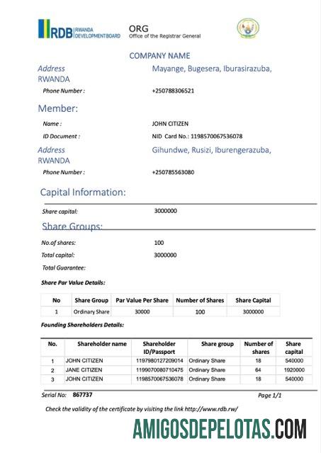 Certificado de registro de Ruanda para impressão, modelo Word e PDF